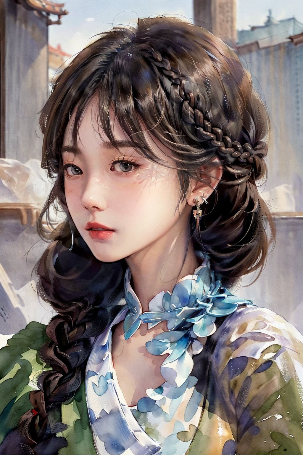 1 girl,  ( brown long hair:1.3),(two braid:1.2),,mole under eyes,earrings,huanshuyifu,white background,(white chinese clothes:1.3),hide hand behind back,(((masterpiece,best quality))),((good structure,Good composition,good atomy)), ((clear, original,beautiful)),watercolor style