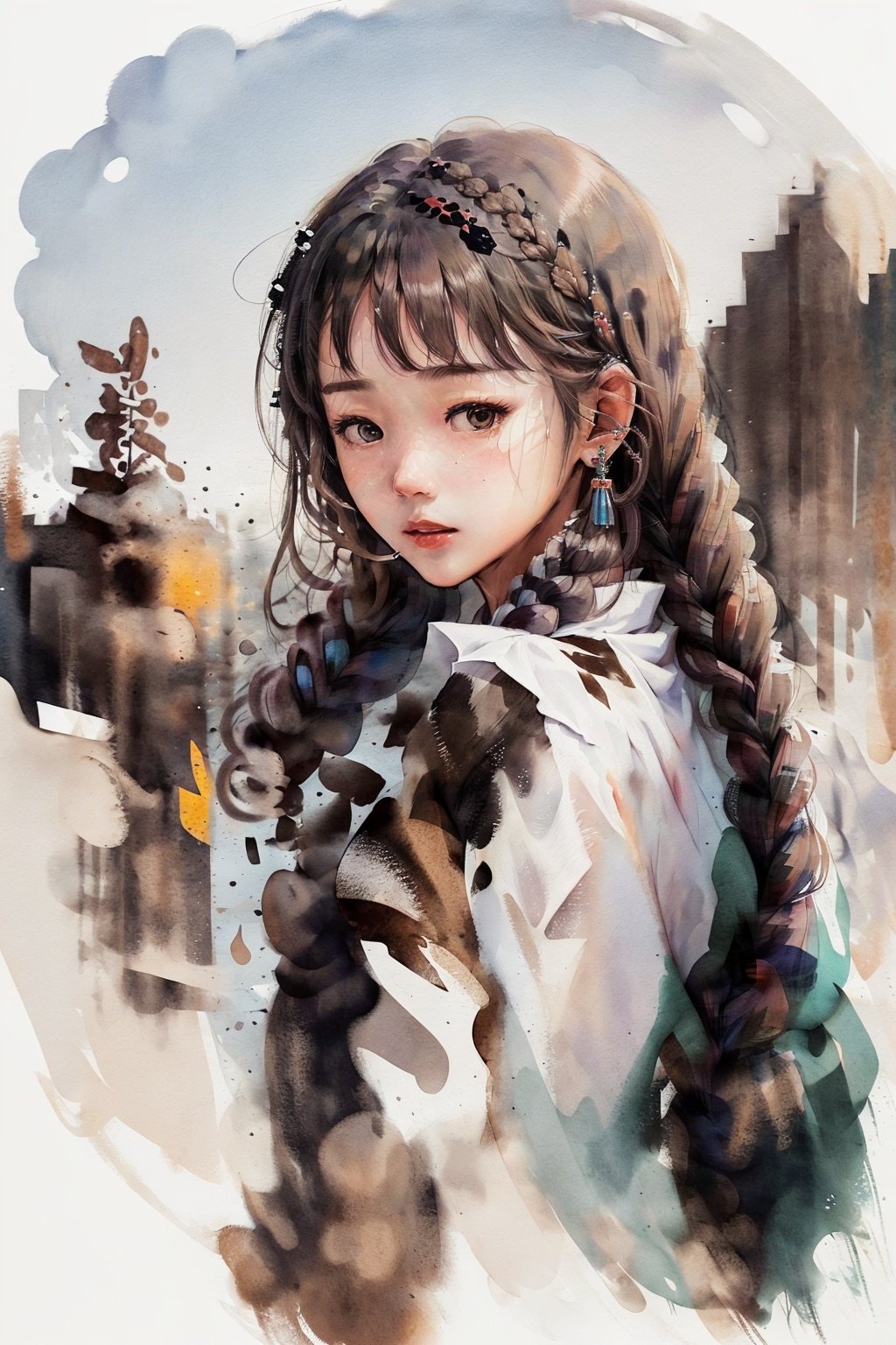 1 girl,  ( brown long hair:1.3),(two braid:1.2),,mole under eyes,earrings,huanshuyifu,white background,(white chinese clothes:1.3),hide hand behind back,(((masterpiece,best quality))),((good structure,Good composition,good atomy)), ((clear, original,beautiful))