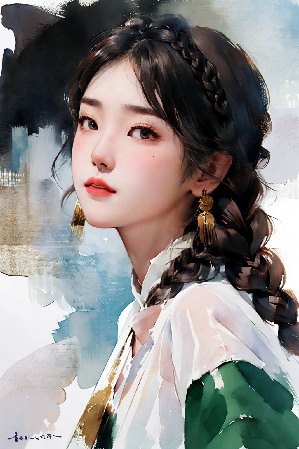 1 girl,  ( brown long hair:1.3),(two braid:1.2),,mole under eyes,earrings,huanshuyifu,white background,(white chinese clothes:1.3),hide hand behind back,(((masterpiece,best quality))),((good structure,Good composition,good atomy)), ((clear, original,beautiful)),watercolor