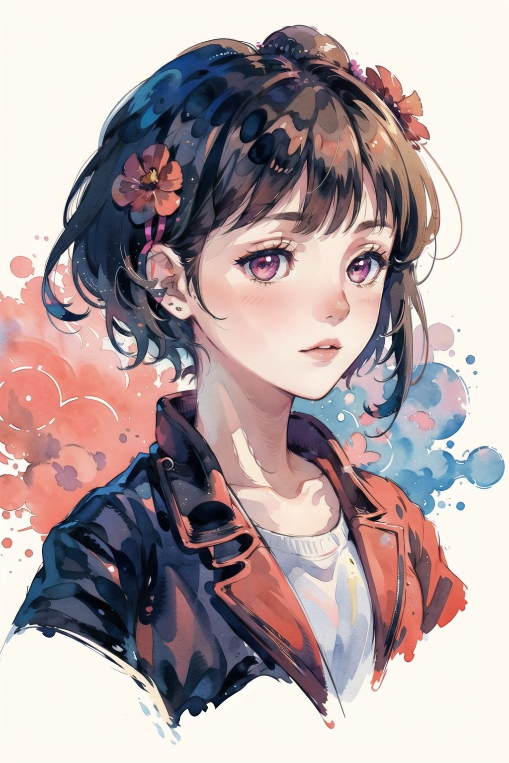 (masterpiece:1.0), (highest quality:1.12), a girl, anime illustration, cover art, (coral:1.1), portrait , magenta background, coral splash, sy3, SMM,watercolor style