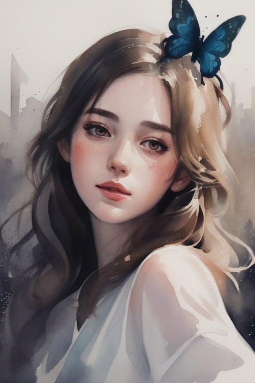 (8k, best quality, masterpiece:1.2),(best quality:1.0), (ultra highres:1.0), watercolor, a beautiful woman, shoulder, hair ribbons, by agnes cecile, half body portrait, extremely luminous bright design, pastel colors, (ink:1.3), autumn lights, watercolor, ((butterfly)),watercolor