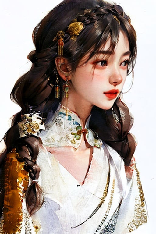 1 girl,  ( brown long hair:1.3),(two braid:1.2),,mole under eyes,earrings,huanshuyifu,white background,(white chinese clothes:1.3),hide hand behind back,(((masterpiece,best quality))),((good structure,Good composition,good atomy)), ((clear, original,beautiful))