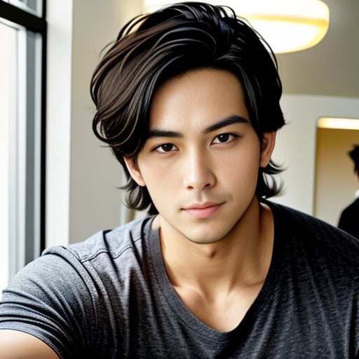 1man, black eyes, black hair, black shirt, blurry background, blurry foreground, closed mouth, collarbone, depth of field, indoors, lips, looking at viewer, nose, realistic, shirt, short hair, solo, upper body, a man with a black shirt and a black shirt on is looking at the camera and is holding his hand out, Byron Galvez, yukito kishiro, a character portrait, mingei