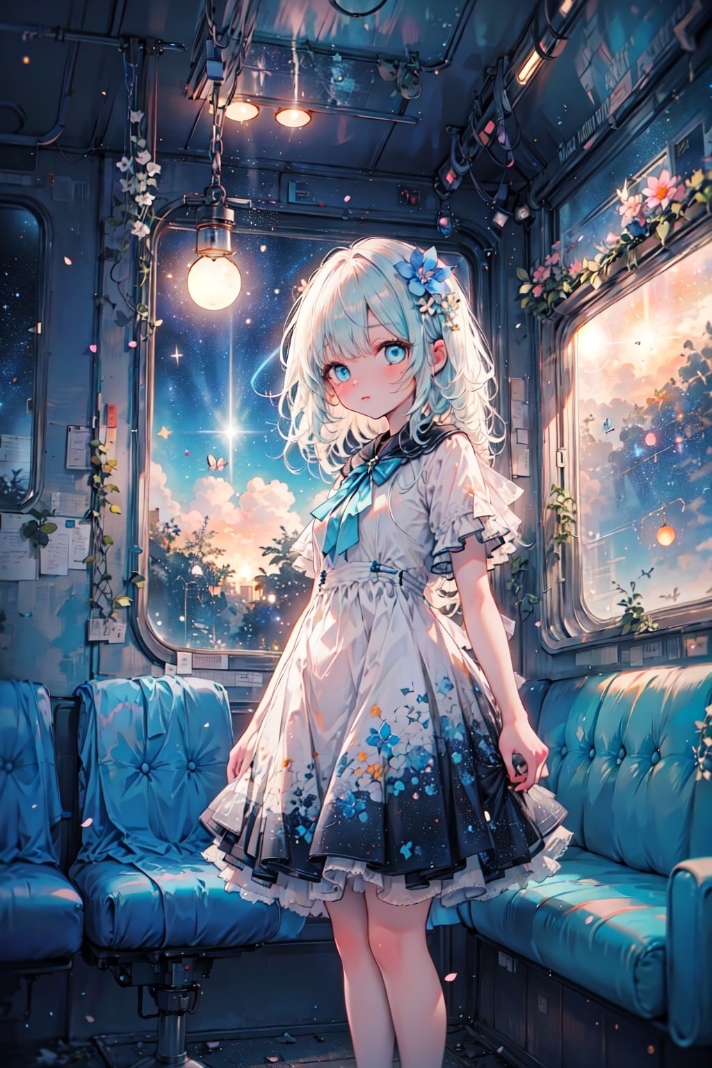 wide shot , (depth of field),global illumination,soft shadows,grand scene,backlight , medium view,loli, expressionless,(+++a girl with lightblue long gradient hair and blue aqua eyes:1.2+++),with butterfly,standing , constricted pupils, (beautiful detailed eyes) ,(hair flowers),small breasts, long bangs,hime cut,(solo:1.5),sitting in train,(detailed train carriage:1.25)(beautiful and detaied starry sky:1.5),(space:1.0),(planet:1.65),( galaxy:1.2),[sunlight::0.8],[flowers::0.3],