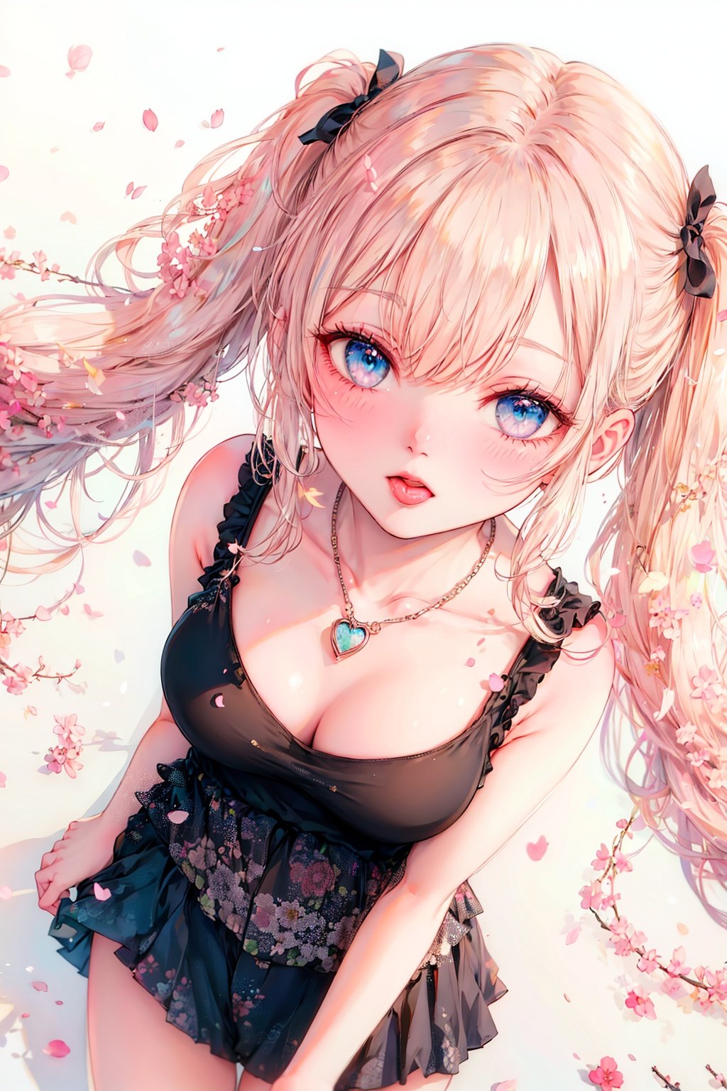 ([(white background::1.5),:,night theme,cherry blossom in night,starlight,cherry blossoms,falling petals,petals,petals on liquid,rose petals,1girl,from above,cowboy shot,bus stop,aquarium,ruins,sunset,skyline,watercolor,backlighting,pendant,necklace,aoge,twintails,tongue out,solo