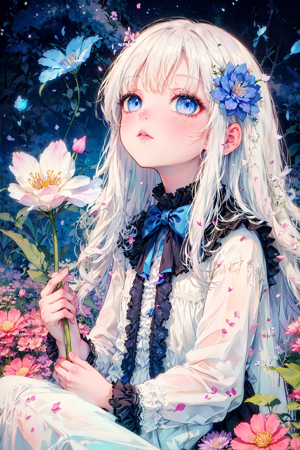 Illustration style,(flat color),kid,solo,long hair,dress,travelling,many flowers on the solo, white,blue eyes,upper body,

(1girl:1.314),detailed face,(+(A pale complexion:1.314)),(azure blue eyes:1.233),(glowing eyes:1.233),(Silver hair:1.14),(+(hair flower:1.14)),(expressionless,closed mouth),(lolita fashion:1.14),

(flat color),colorful,(masterpiece:1,2), best quality, highres, original, extremely detailed wallpaper,/,/,/

(flying petal:1.5),(Flowery meadow),[tulip, Lavender,rose, lily],blinking,closed mouth,color edtips,(holding flowers),looking up,malefocus,multicolored hair,noline art,sitting,solo,stuffed bear,tele scope,starry