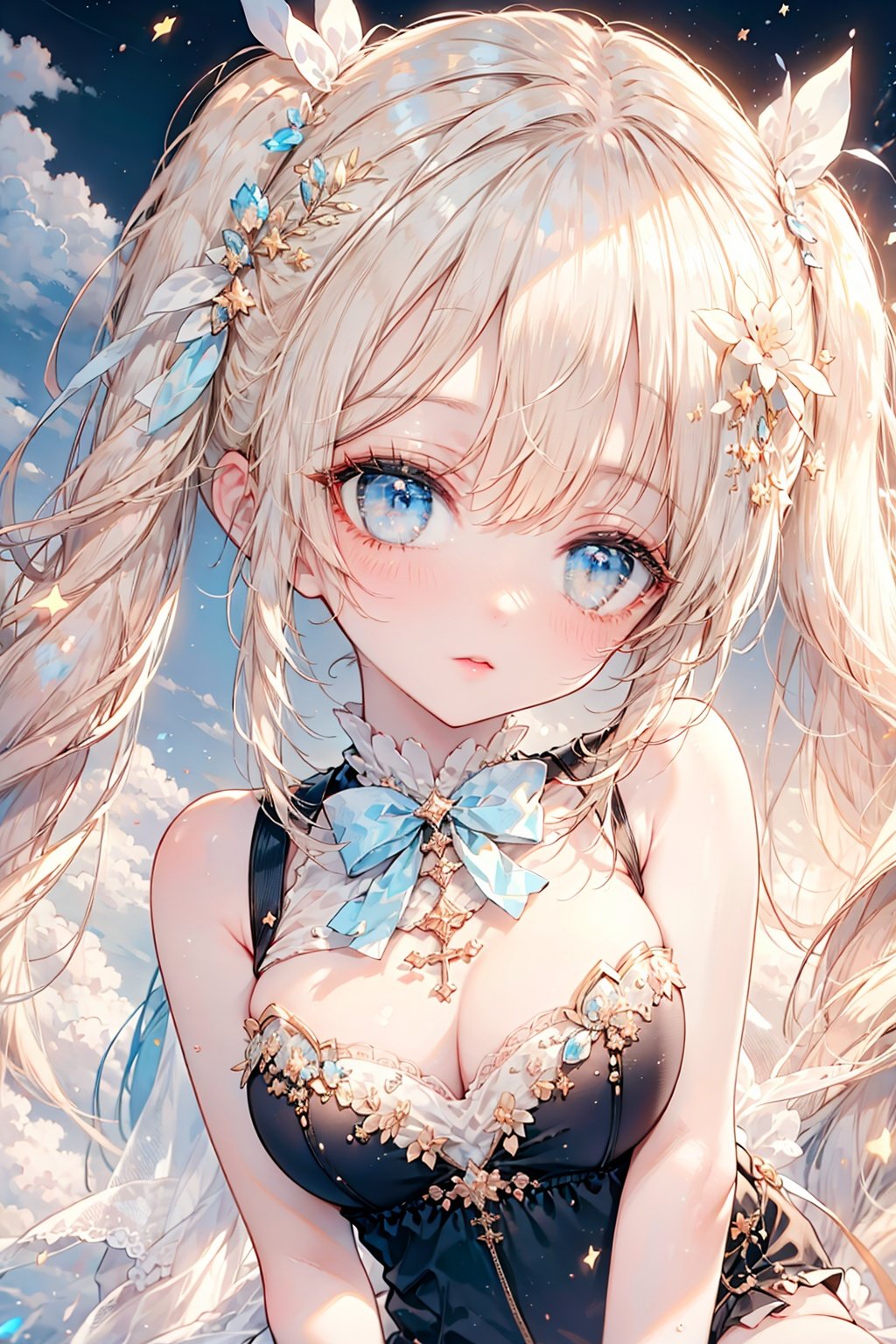 best quality,ultra-detailed,ahoge,medium hair,highly detailed,masterpiece,illustration,highres,white hair,gyaru,grove,cross-laced_footwear,medium breast,twintails,hair_bow,twin_braids,hairband,bowtie,cloudy,1girl,focus_on_face,burning,breeze,disheveled hair,artbook,blonde hair ,hoodie ,Skirt,thighhighs,veil,1 girl,yuyao,Needy Girl Overdose