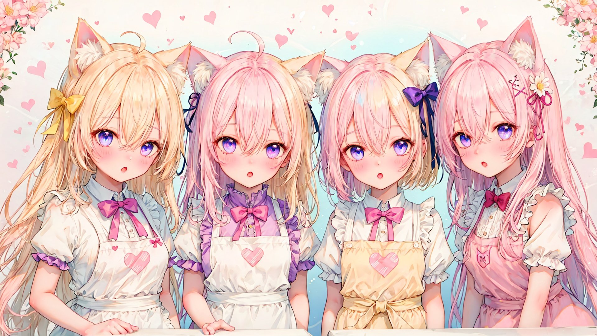 multiple girls, 2girls, animal ears, short sleeves, bow, blush, white apron, puffy short sleeves, long hair, blonde hair, apron, ahoge, dress, puffy sleeves, blue eyes, heart, sleeveless, hair bow, bangs, heart ahoge, parted lips, hair ornament, very long hair, purple eyes, pink dress, hair between eyes, frills, cat ears, x hair ornament, frilled apron, white hair, yellow bow, animal ear fluff, looking at viewer, flower, shirt, bare shoulders, two side up, sleeveless dress, closed mouth, pink bow, hand up, white flower, :o, purple dress, sleeveless shirt, waist apron, pink shirt, center frills