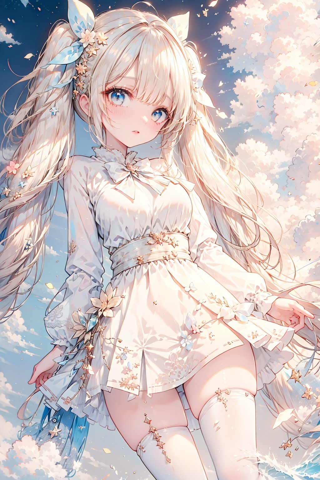 best quality,ultra-detailed,ahoge,medium hair,highly detailed,masterpiece,illustration,highres,white hair,gyaru,grove,cross-laced_footwear,medium breast,twintails,hair_bow,twin_braids,hairband,bowtie,cloudy,1girl,focus_on_face,burning,breeze,disheveled hair,artbook,blonde hair ,hoodie ,Skirt,thighhighs,veil,1 girl,yuyao,Needy Girl Overdose