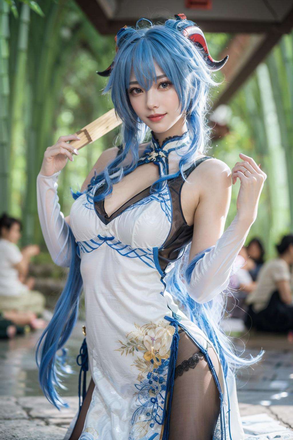 {{masterpiece, best quality, extremely detailed CG, unity 8k wallpaper, cinematic lighting, lens flare}},blue hair,(goat horns:1.2),Blue and white cheongsam,qipaoganyu,hair between eyes,pantyhose,(looking at viewer:1.2),blue eyes,black dress,wide view,full body,sitting,cosplay,ganyu \(genshin impact\),thick body,ganyu,chinese clothes,Dark dress,long blond hair,green eyes,(bamboo forest:1.3),stone path,onsen,<lora:add_detail:0.2>,(high heels:1.2),<lora:qipaoganyu_20230728170713:0.8>,smile,