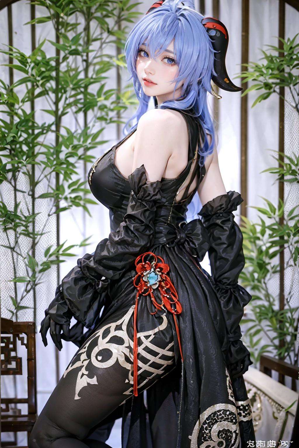 {{masterpiece, best quality, extremely detailed CG, unity 8k wallpaper, cinematic lighting, lens flare}},blue hair,(goat horns:1.2),ganyu french maid,qipaoganyu,hair between eyes,(pantyhose:1.2),(looking at viewer:1.2),blue eyes,black dress,wide view,full body,sitting,cosplay,ganyu \(genshin impact\),thick body,ganyu,green eyes,(bamboo forest:1.3),stone path,<lora:qipaoganyu_20230728182043-000009:0.8>,