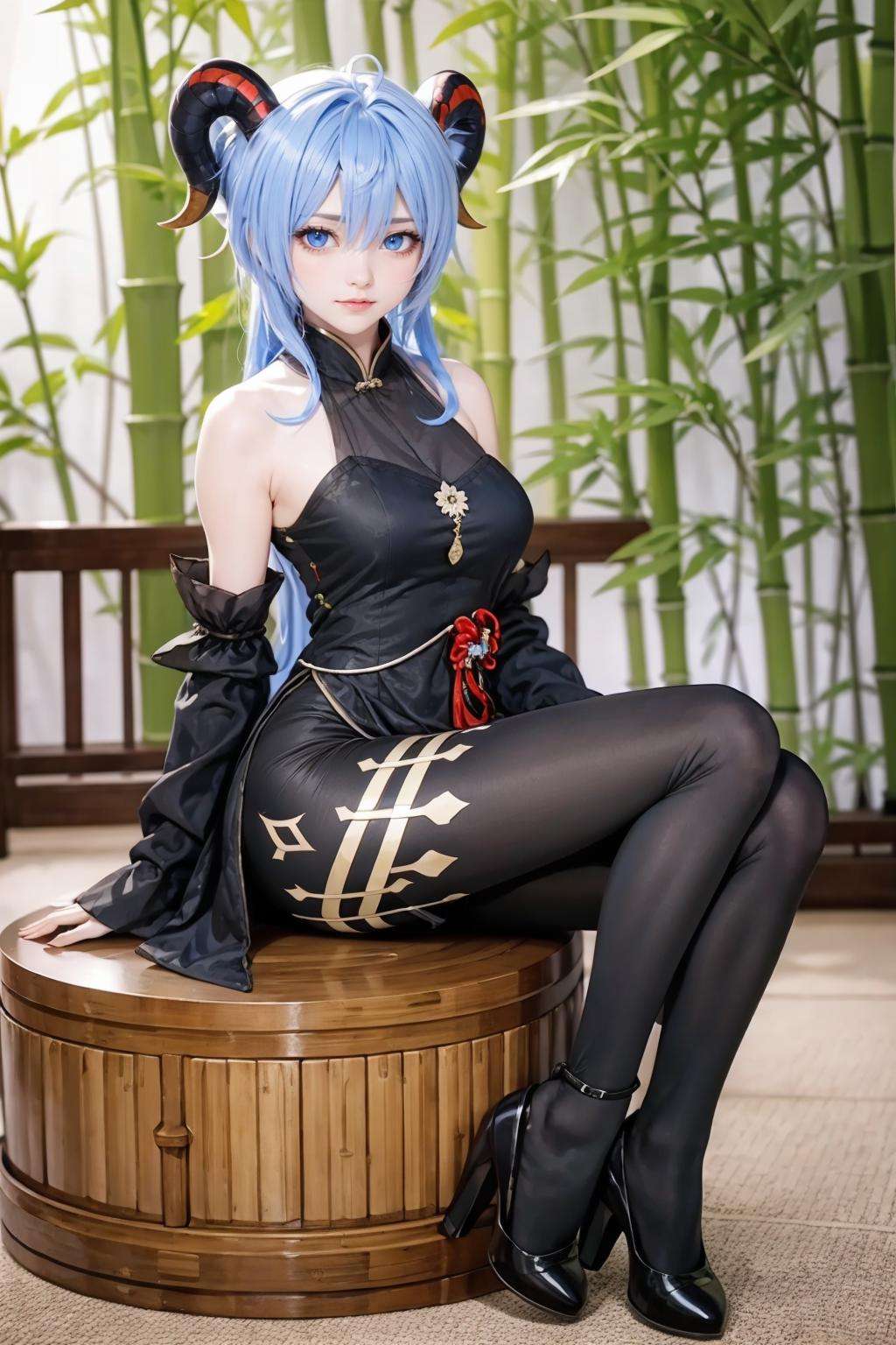 {{masterpiece, best quality, extremely detailed CG, unity 8k wallpaper, cinematic lighting, lens flare}},blue hair,ganyu \(genshin impact\),(goat horns:1.2),ganyu french maid,hair between eyes,pantyhose,(looking at viewer:1.2),blue eyes,(bamboo forest:1.3),black dress,wide view,full body,sitting,cosplay,thick body,ganyu,chinese clothes,long blond hair,green eyes,stone path,onsen,<lora:qipaoganyu_20230728182043:0.7>,detached sleeves,