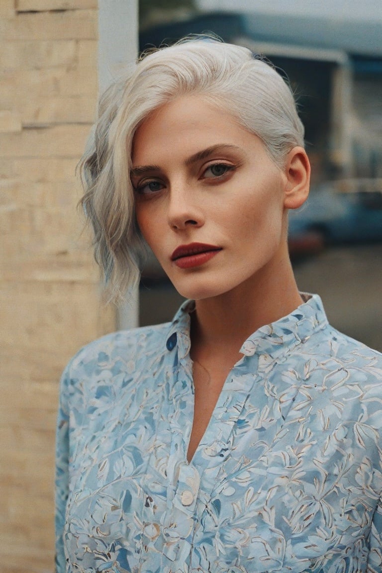 Pure white hair,blue eyes,short hair,full_body
,Photorealism, 8k, real, detailed,((detail skin)),photo,Film style,clear,8k,photoVintage style,Natural light and shadow,Clear background,Delicate facial features,low specliar