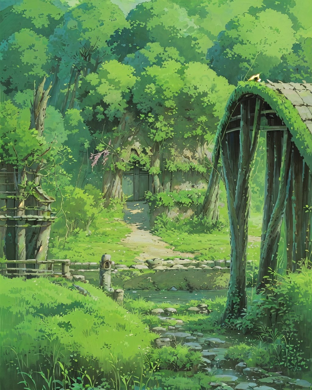 (((best quality))),architecture, bridge, building, bush, city, day, east_asian_architecture, forest, grass, nature, outdoors, overgrown, plant, ruins, scenery, treeweapon,concept art,high detail,distinct,Spirited Away,game,vivid,level design