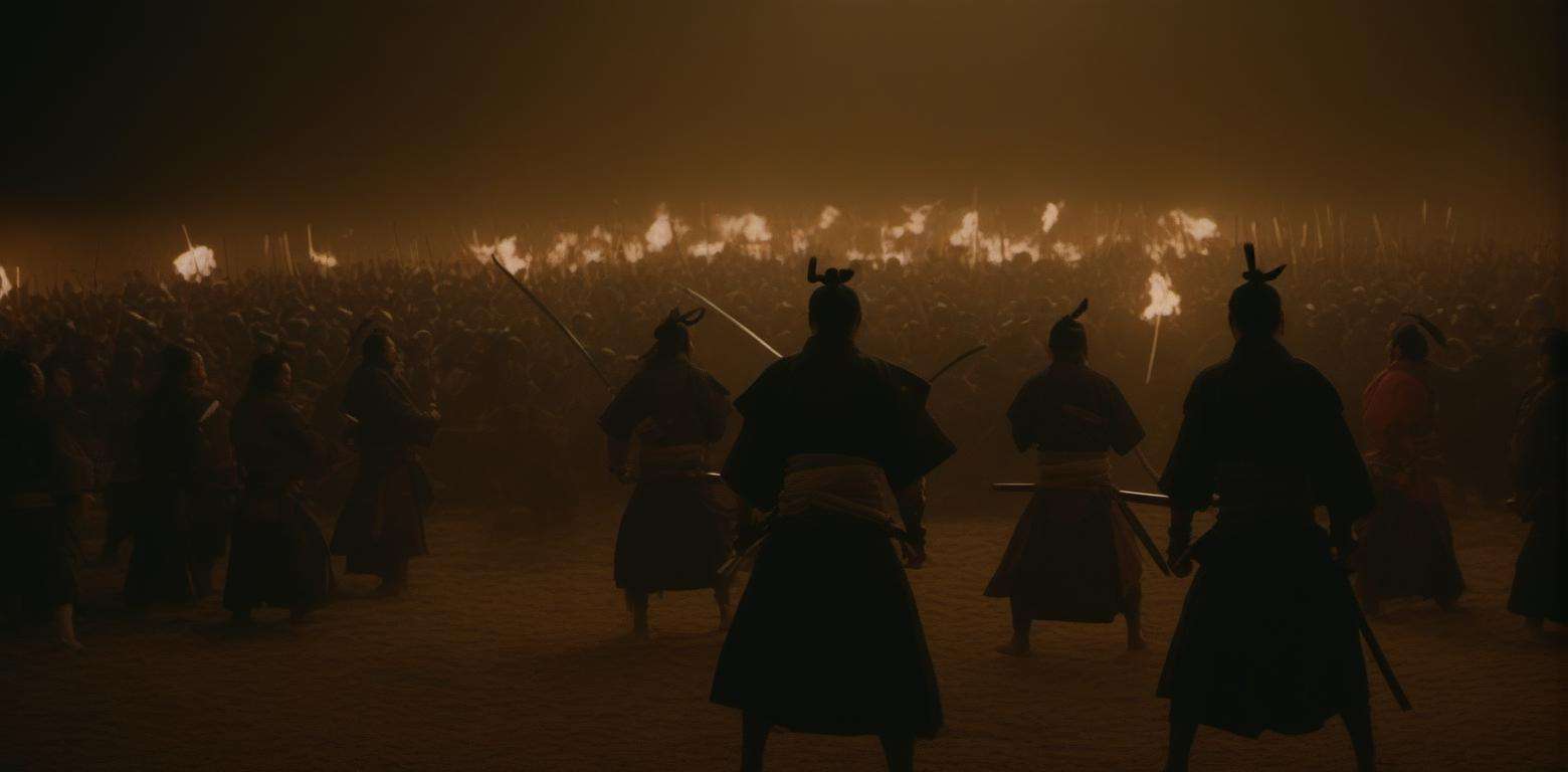 cinematic shot, epic samurai battle, night, wide angle, shallow depth of field, symmetrical, kodachrome <lora:JuggerCineXL:1>