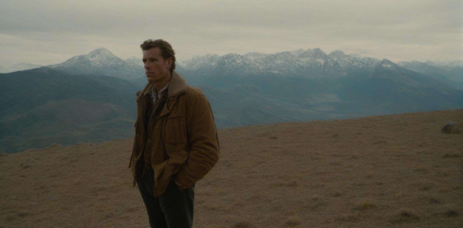 portrait of a man looking fiercely into the distant mountains, full body visible, shot on cinestill 800t 35mm film, with leica m9 Voigtländer 35mm classic, distopian lighting, key visual, character design, looking fierce into the camera, cinematic colorgrade, highly detailed fabric, subtle catchlight <lora:JuggerCineXL:1>