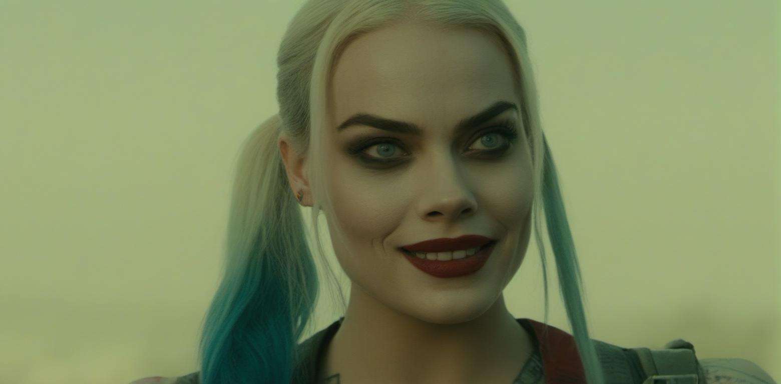 (Movie Still) from Suicide Squad , (extremely intricate:1.3), (realistic), portrait of a girl, the most beautiful in the world, Margot Robbie as Harley Quinn, colorful hair, pigtails, blue eyes, baseball bat, teeth, (detailed face, detailed eyes, clear skin, clear eyes), photorealistic, award winning, professional photograph of a stunning woman detailed, sharp focus, dramatic, award winning, cinematic lighting, volumetrics dtx <lora:JuggerCineXL:1>