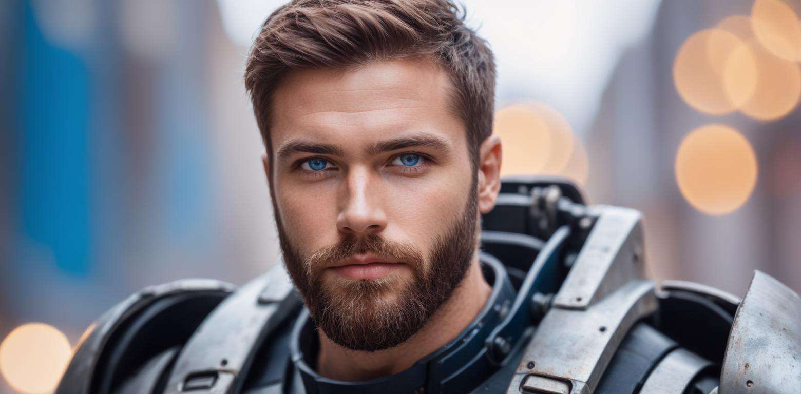 Portrait photo of muscular bearded guy in a worn mech suit, ((light bokeh)), intricate, (steel metal [rust]), elegant, sharp focus, photo by greg rutkowski, soft lighting, vibrant colors, (masterpiece), ((streets)), (detailed face:1.2), (glowing blue eyes:1.1)<lora:JuggerCineXL2:1.0>