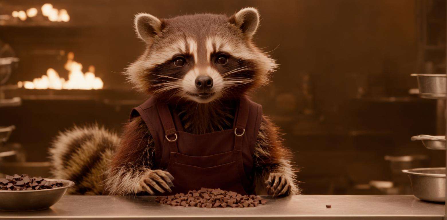 film still of Rocket Racoon working as a chocolatier in the new Avengers movie, 4k<lora:JuggerCineXL2:1.0>