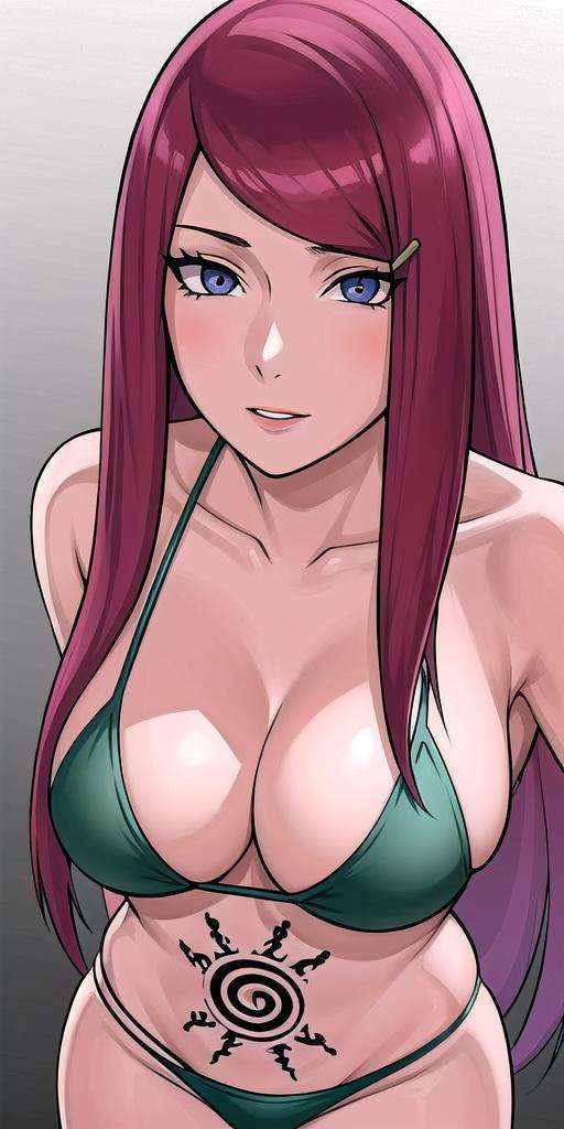 <lyco:uzumaki_kushinaV3:0.7>, uzumaki_kushina, large_breasts, standing, solo, bikini, tattoo_hakkenofuuinshiki, masterpiece, best quality, detailed face, detailed eyes, highres,