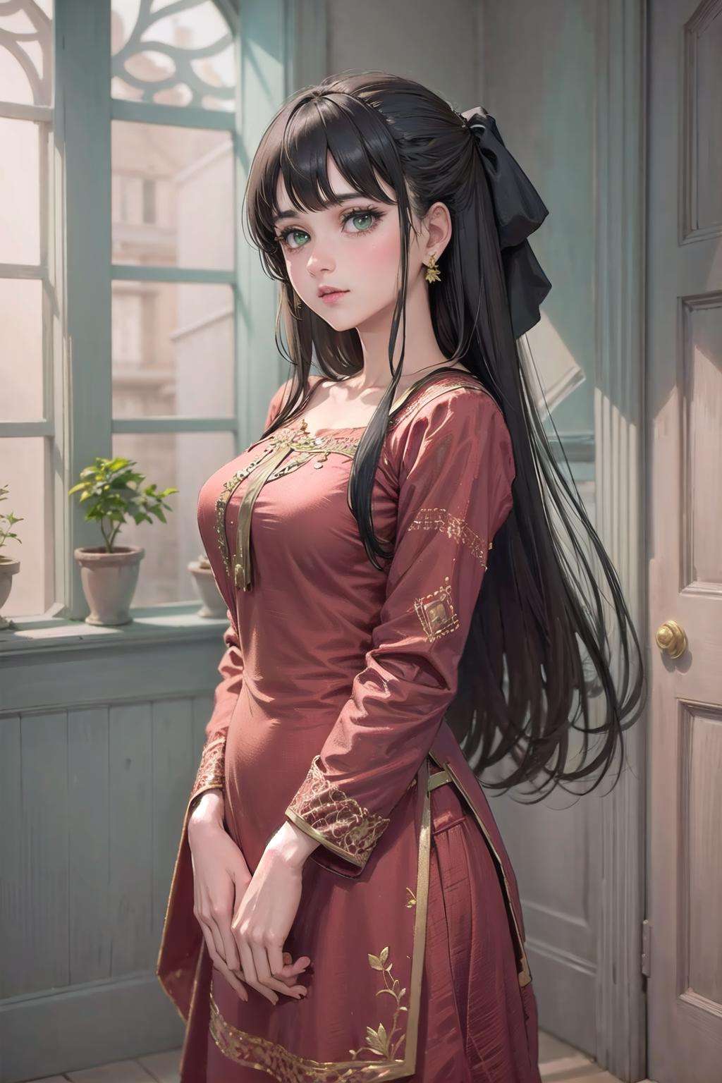 <lora:wrenchpjbss-10:1.1>, 1girl wearing wrenchpjbss, embroidery, red dress,  <lora:elie-nvwls-v2-zero:0.7> elie macdowell, green eyes, hair ribbon, jewelry, 