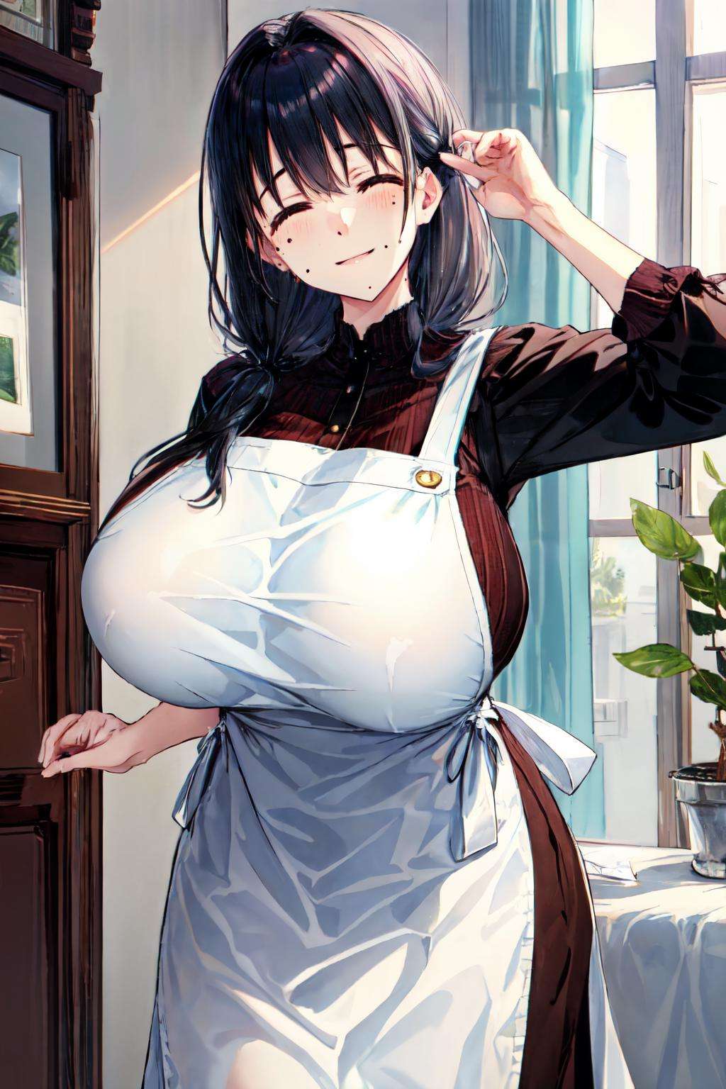 milfication, mole, apron, smile, solo, long hair, dress, closed mouth, closed eyes, black hair, mole under eye, 1girl, mature female, huge breasts<lora:milfication:0.8> 