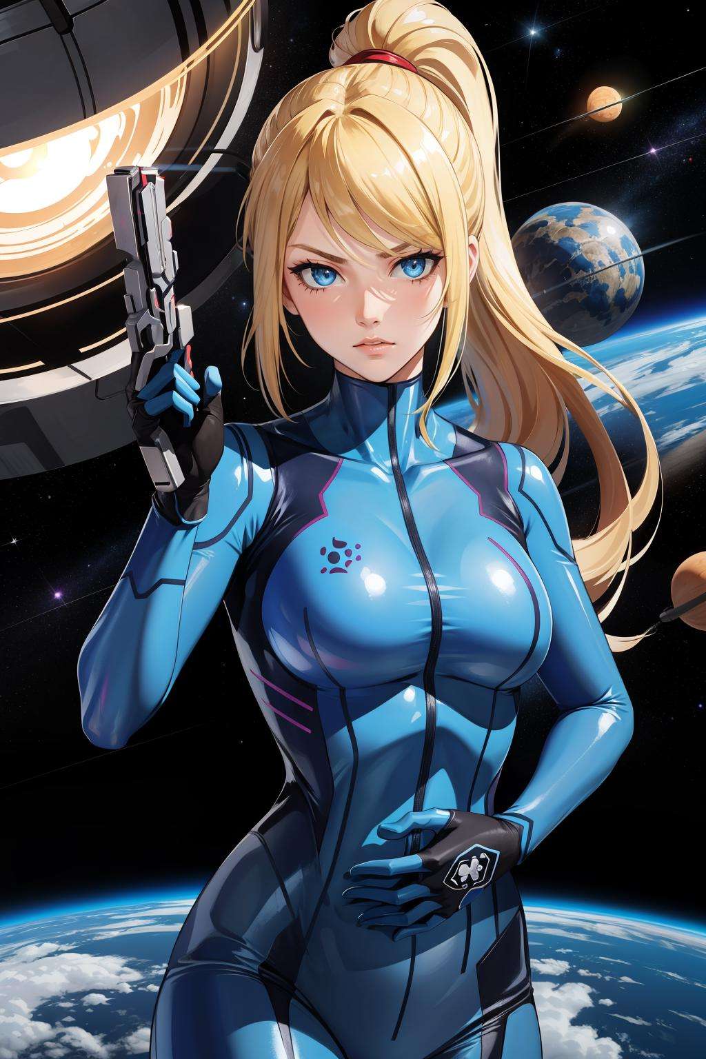 masterpiece, best quality, samus aran, ponytail, hair tie, blue bodysuit, upper body, looking at viewer, furrowed brow, holding handgun, hand to hip, outer space <lora:samus-nvwls-v1-000012:0.9>