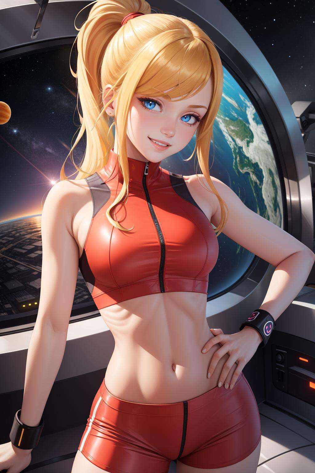 masterpiece, best quality, samus aran, ponytail, orange crop top, sleeveless, midriff, wristband, orange shorts, toned body, upper body, looking at viewer, smile, futuristic building interior, outer space <lora:samus-nvwls-v1-000012:0.8>