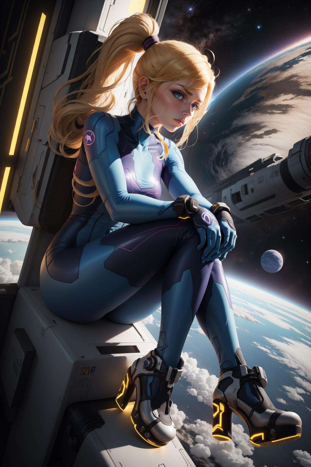 masterpiece, best quality, samus aran, ponytail, hair tie, blue gloves, blue bodysuit, high heels, sitting, furrowed brow, looking at viewer, space station, space <lora:samus-nvwls-v1-000012:0.9>