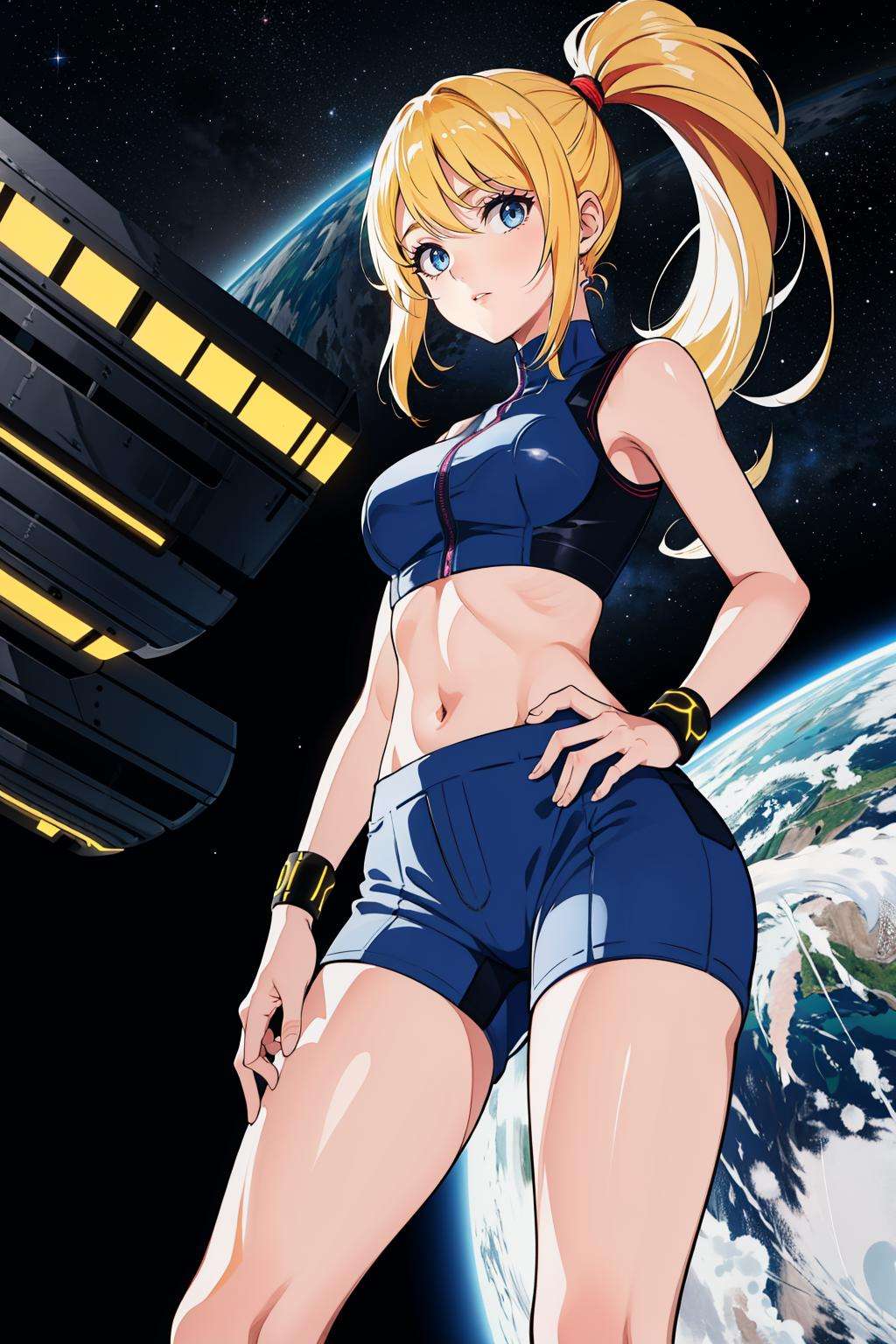 masterpiece, best quality, samus aran, ponytail, blue crop top, sleeveless, midriff, wristband, blue shorts, toned body, standing, contrapposto, from below, looking down, looking at viewer, futuristic building interior, outer space <lora:samus-nvwls-v1-000012:0.9>