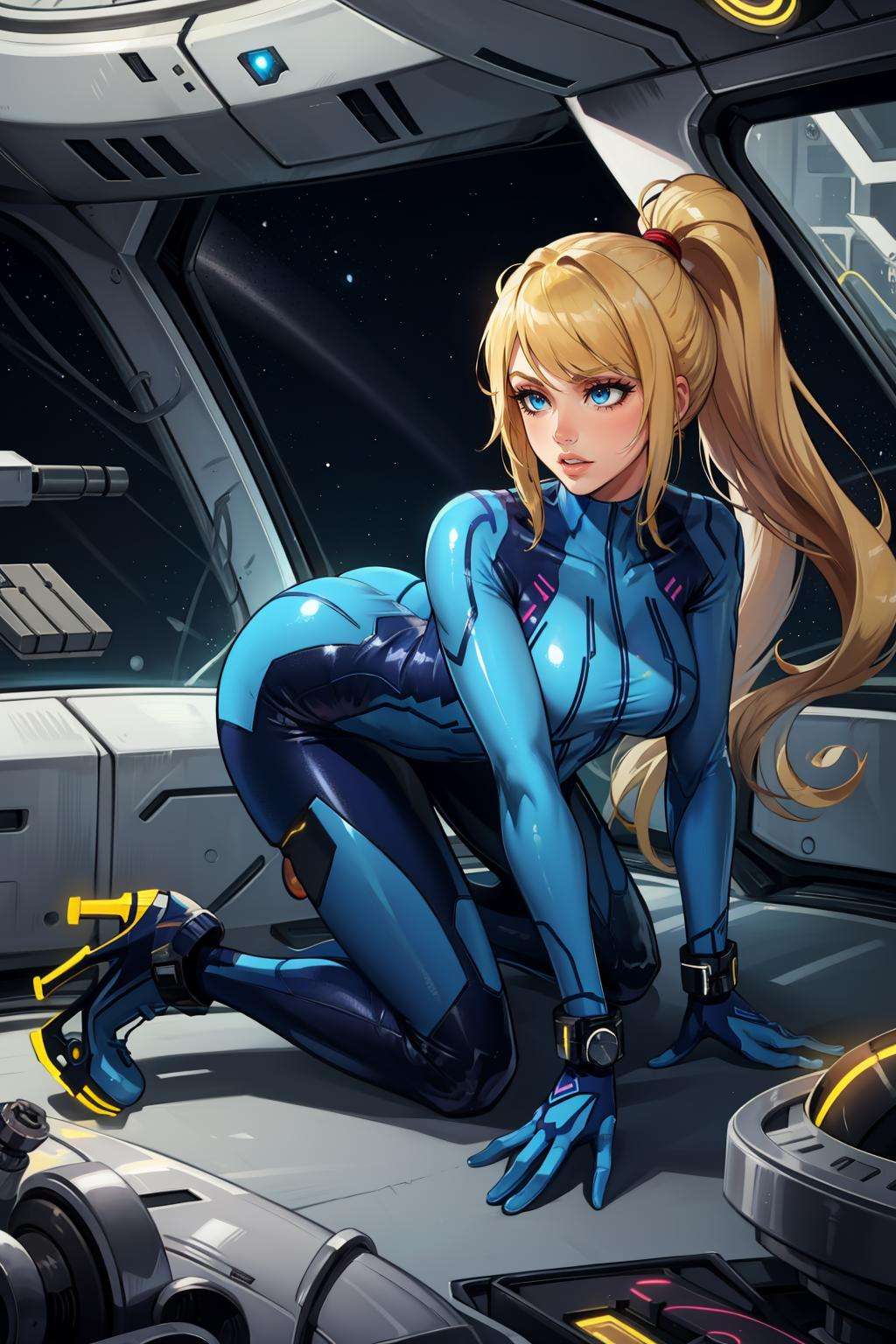 masterpiece, best quality, samus aran, ponytail, hair tie, blue gloves, blue bodysuit, high heels, all fours, spaceship interior <lora:samus-nvwls-v1-000012:0.9>