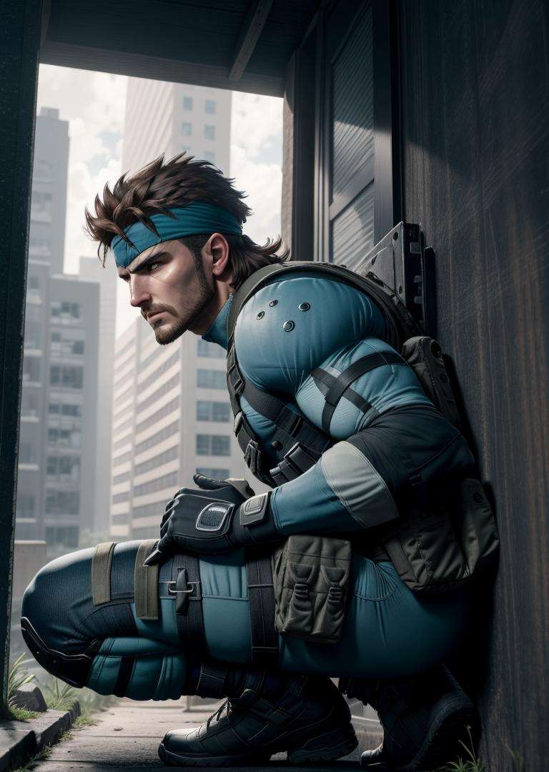 masterpiece, best quality, solid snake, facial hair, blue bodysuit, gloves, headband, crouching, from side, dark building, chiaroscuro shading  <lora:solidsnake-nvwls-v3-000012:0.9>