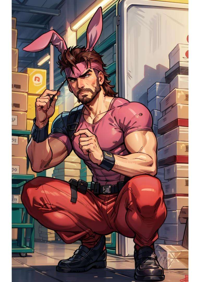 masterpiece, best quality, solid snake, facial hair, pink t-shirt, pink pants, (fake rabbit ears:1.2), crouching, warehouse <lora:solidsnake-nvwls-v3-000012:0.6>