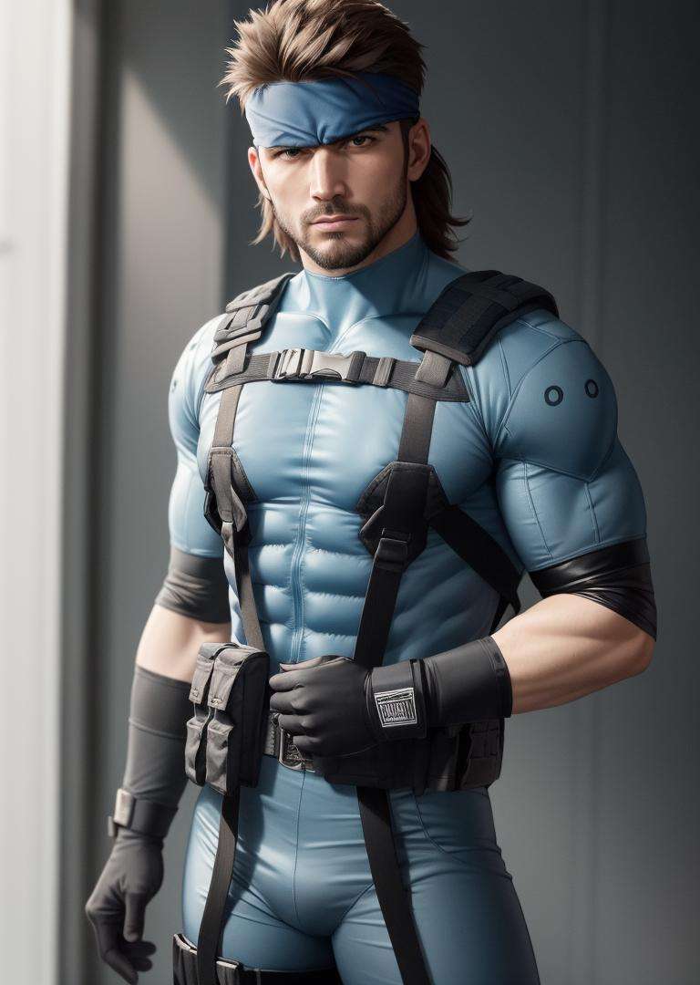 masterpiece, best quality, solid snake, facial hair, blue bodysuit, gloves, headband, cowboy shot, looking at viewer, furrowed brow <lora:solidsnake-nvwls-v3-000012:0.9>