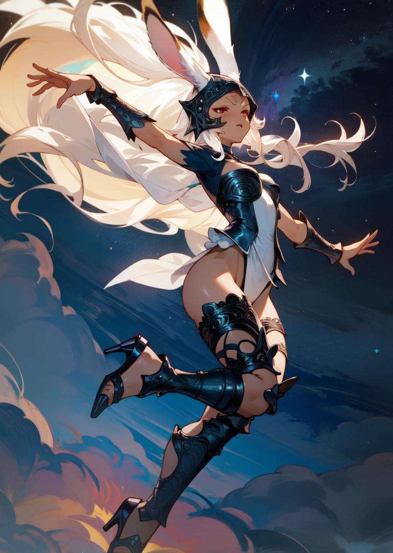 masterpiece, best quality, fran, viera, helmet, revealing clothes, vambraces, armored legwear, high heels, outstretched arms, night sky, colored spirals <lora:fran-nvwls-v3-000012:0.9>