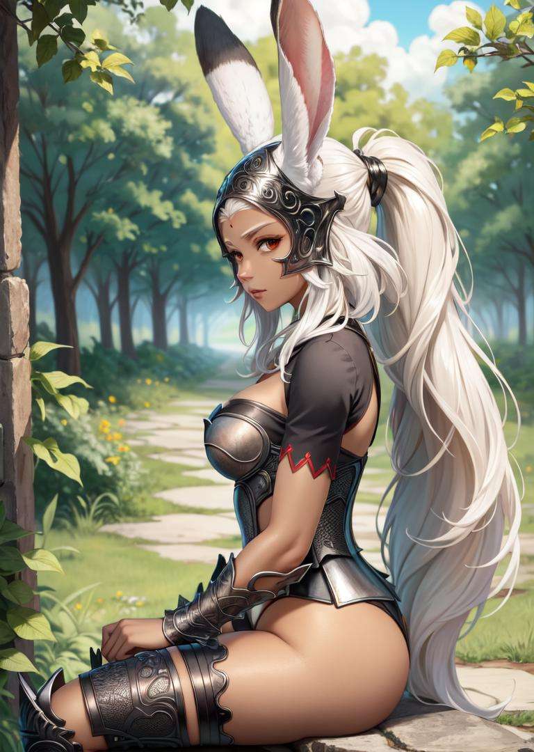 masterpiece, best quality, fran, viera, helmet, revealing clothes, vambraces, armored legwear, sitting, looking at viewer, side view <lora:fran-nvwls-v3-000012:0.9>