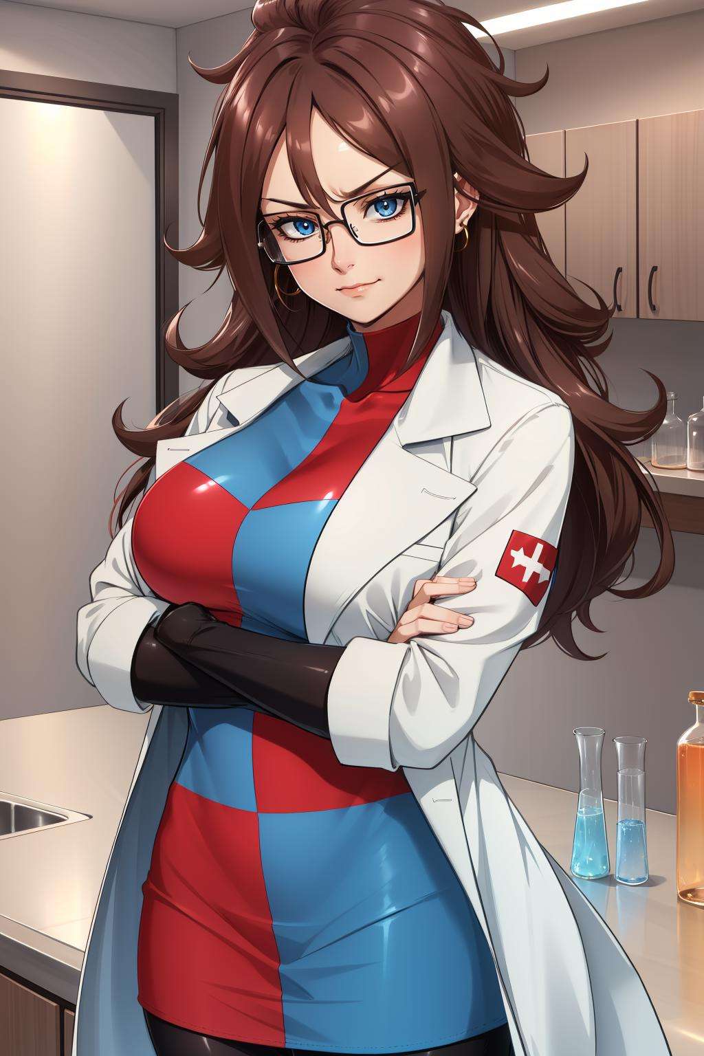 masterpiece, best quality, defa21, glasses, checkered dress, labcoat, black pantyhose, upper body, large breasts, smirk, furrowed brow, looking at viewer, closed mouth, countertop, science, beakers, microscope, crossed arms <lora:android21-nvwls-v1-000010:0.9>