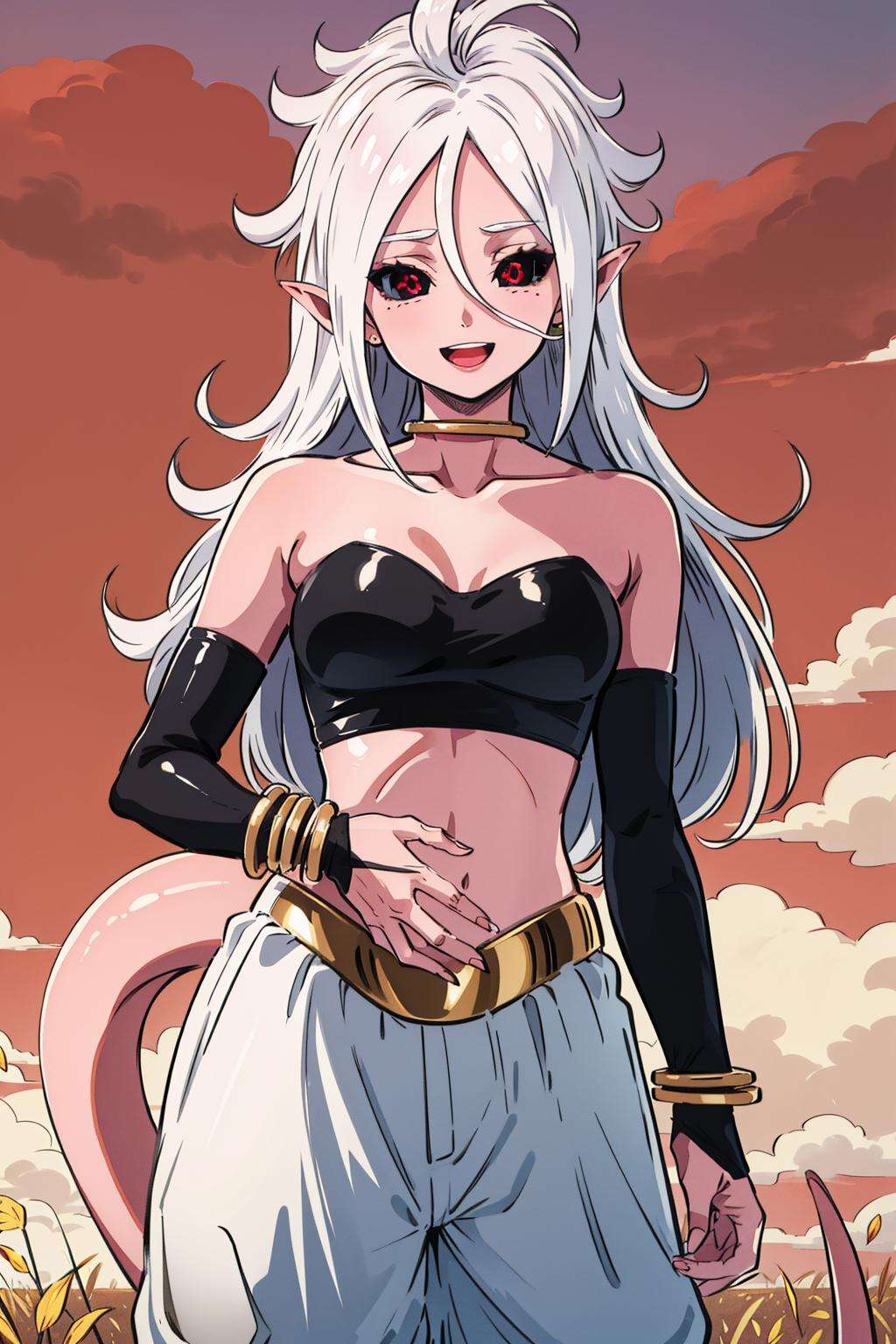 masterpiece, best quality, ma21, black sclera, pink skin, tube top, bracelet, harem pants, tail, upper body, laughing, standing, red sky, field <lora:android21-nvwls-v1-000010:0.9>