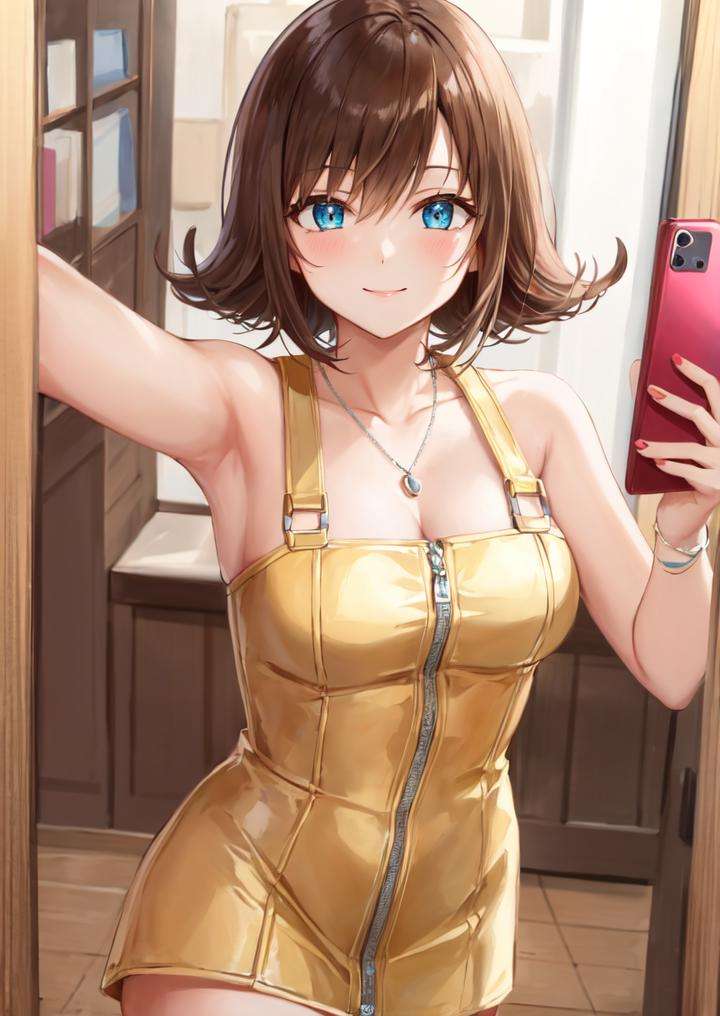 masterpiece, best quality, selphie, necklace, yellow dress, taking a selfie, cell phone, smile <lora:selphie-nvwls-v1-final:0.9>