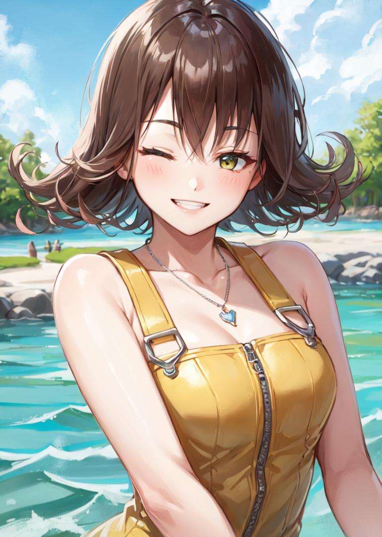 masterpiece, best quality, selphie, necklace, yellow dress, upper body, smile, teeth, winking, one eye closed <lora:selphie-nvwls-v2-000008:0.9>