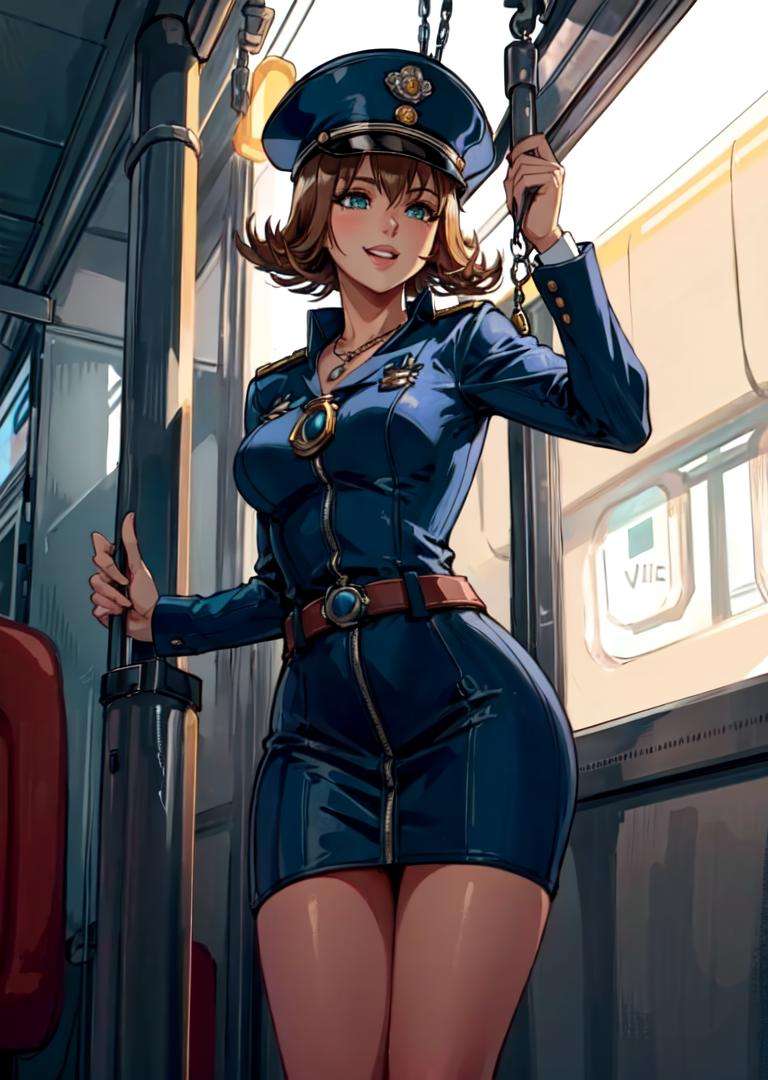 masterpiece, best quality, selphie, necklace, blue train conductor hat, blue uniform, standing in front of a train, happy <lora:selphie-nvwls-v2-000008:0.9>