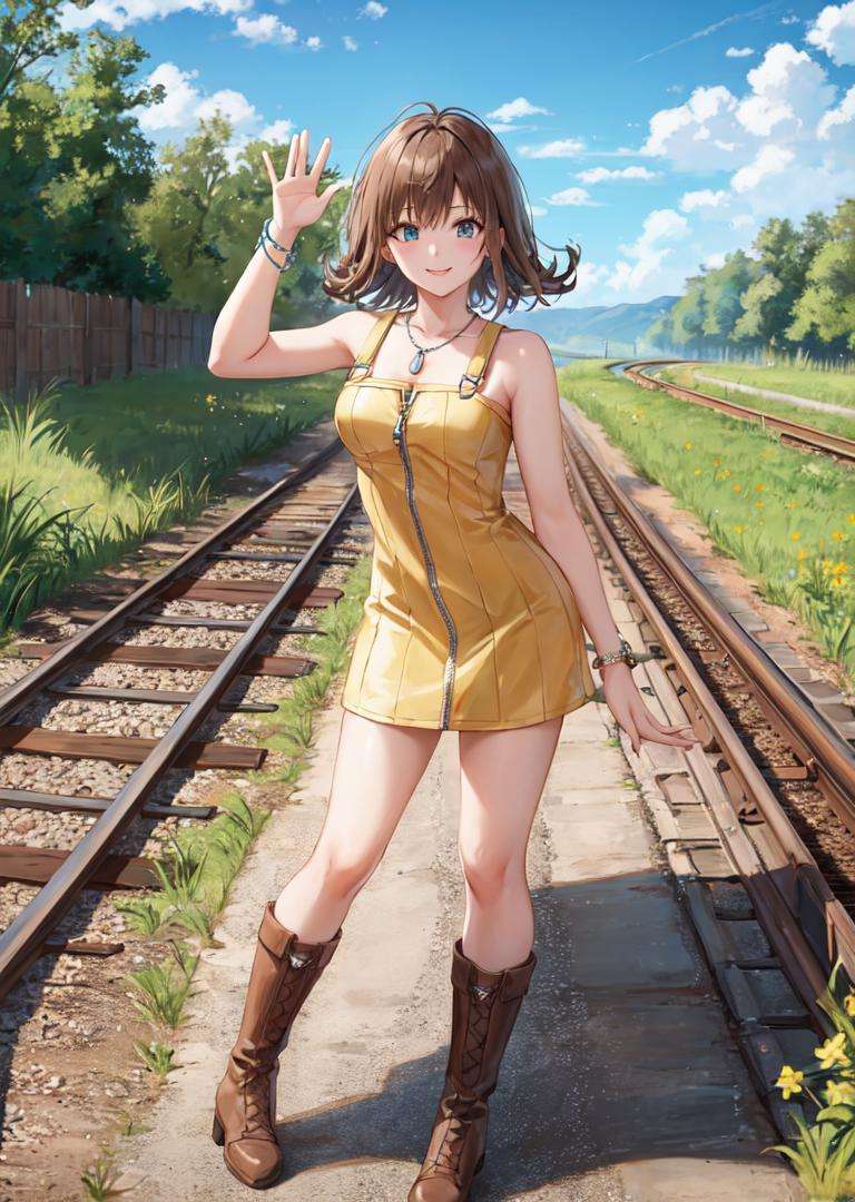 masterpiece, best quality, selphie, necklace, yellow dress, boots, smile, waving with both arms, railroad track <lora:selphie-nvwls-v2-000008:0.9>