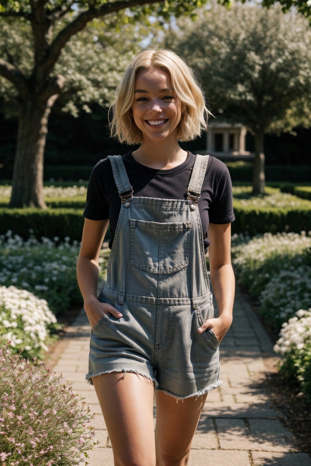 1girl,cute,26 yrs old,blonde short hairs,wearing dungaree,sneakers,smiling,casual dress,full body,most beautiful girl,white,hands in pocket,3d,8k,highly detailed,best quality,high resolution,masterpiece,cinematic lighting,studio,cute face,detailed face,garden,trees in background,a woman m111y, <lora:EMS-179-EMS:0.5>, <lora:EMS-17153-EMS:1>