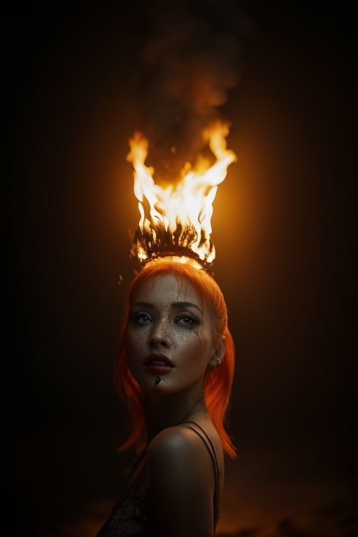photo, hasselblad, intricate, natural lighting, (matte skin), (wrinkles), (freckles:0.5), bokeh, (pores), ((vibrant colors)), fire in the background, red hair, close up portrait RAW photo of sks woman, inspired by fallout, Mad Max and Waterworld, ,absurdres, detailed face, post apocalyptic atmosphere in 1930',