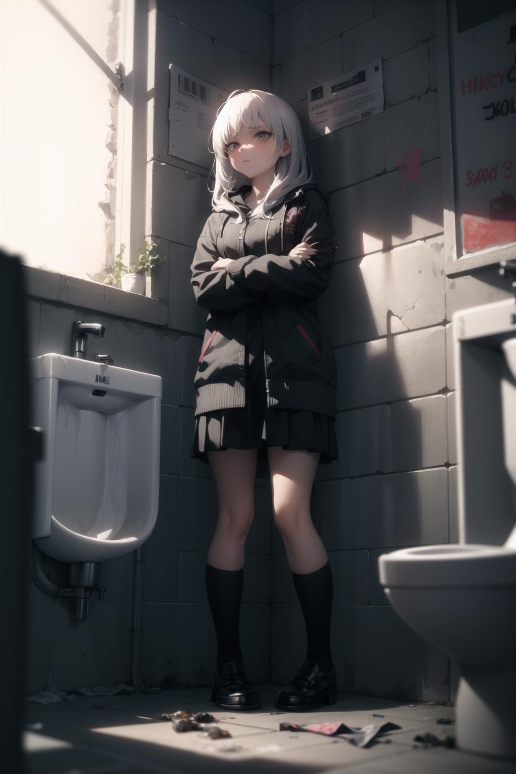 <lora:restroom_v0.2a:1>1girl, standing, restroom, urinal, dark, trash, graffiti, dirty, cracked wall, cracked floor, cowboy shot, miniskirt,, masterpiece, best quality, highly detailed