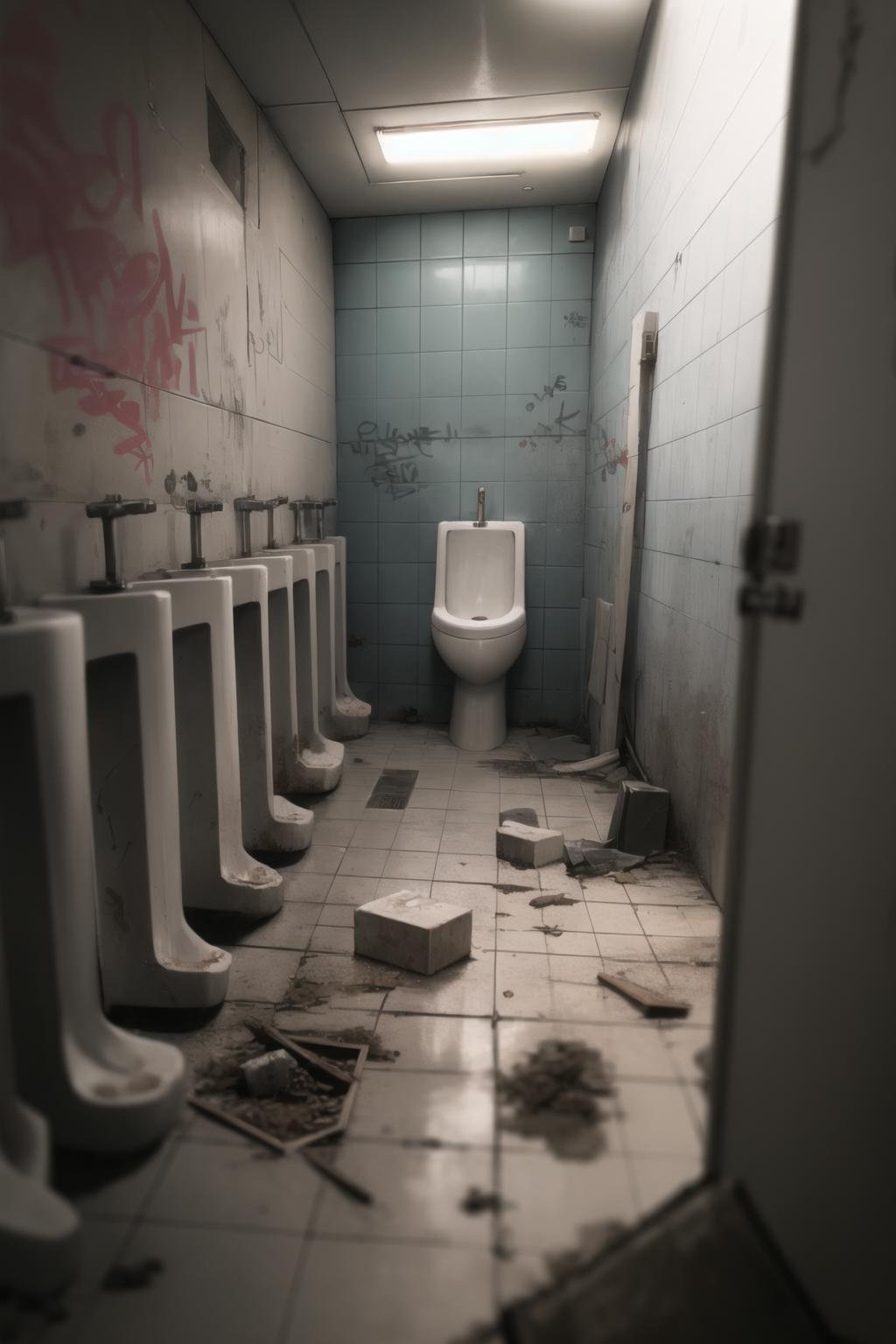 <lora:restroom_v0.2a:1>restroom, dirty, trash, cracked wall, dark, graffiti, broken, abandoned, (urinal:0.6),, masterpiece, best quality, highly detailed