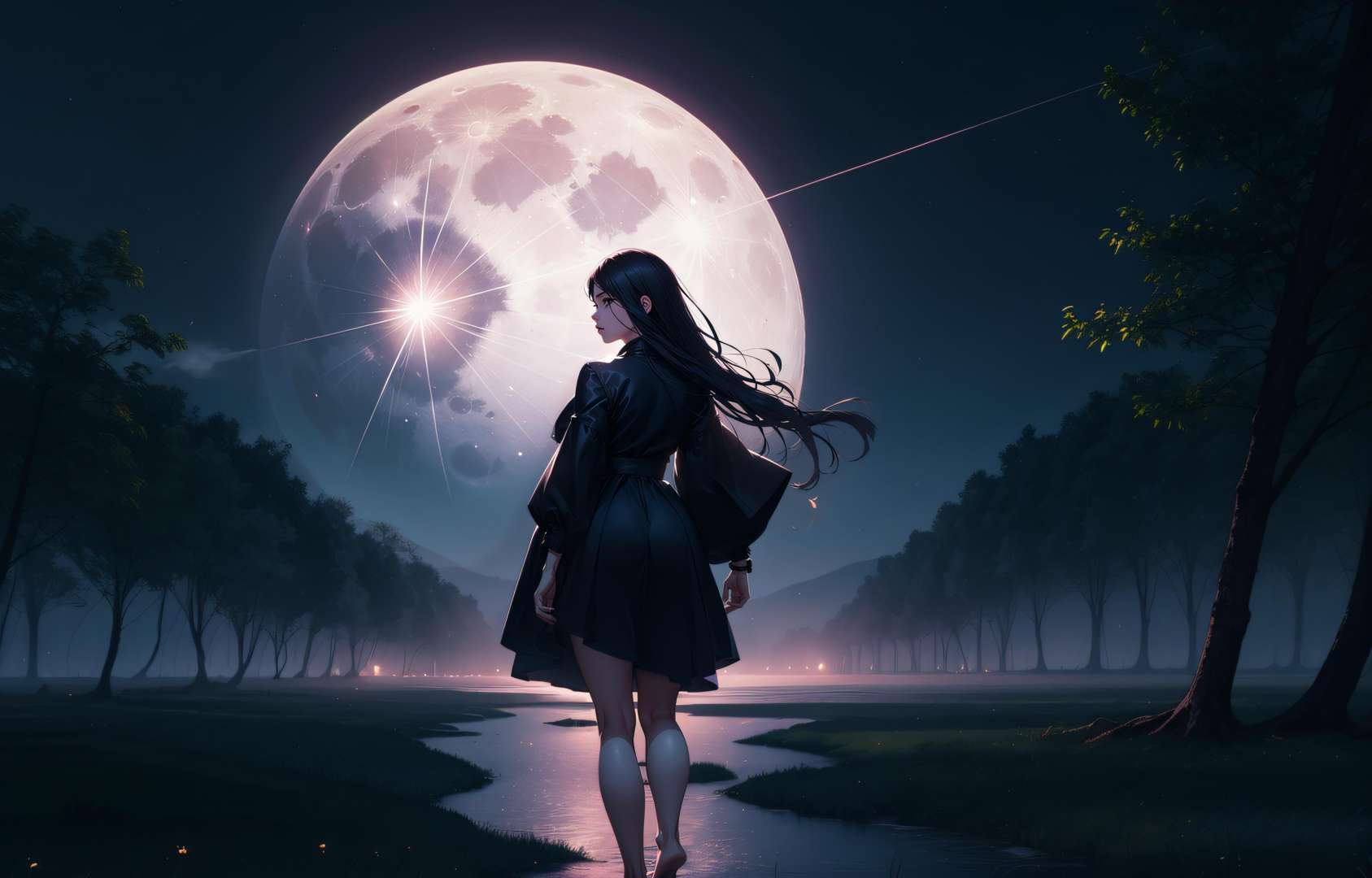 photorealistic, (hyperrealistic:1.2), beautiful, masterpiece, best quality, extremely detailed face, perfect lighting, from behind, full body, full moon, night, dark, outdoors, 