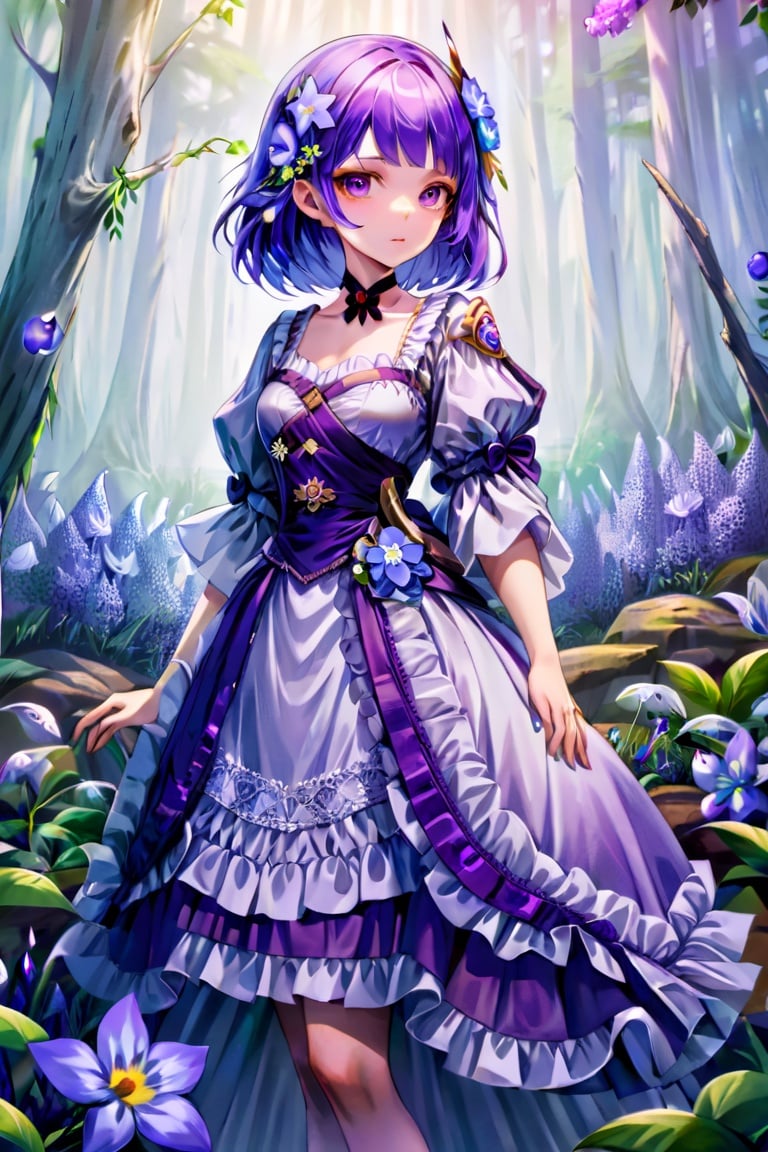 1girl, dress, beautiful face, dreamscape, forest, misty, flowers,leishen, purple hair