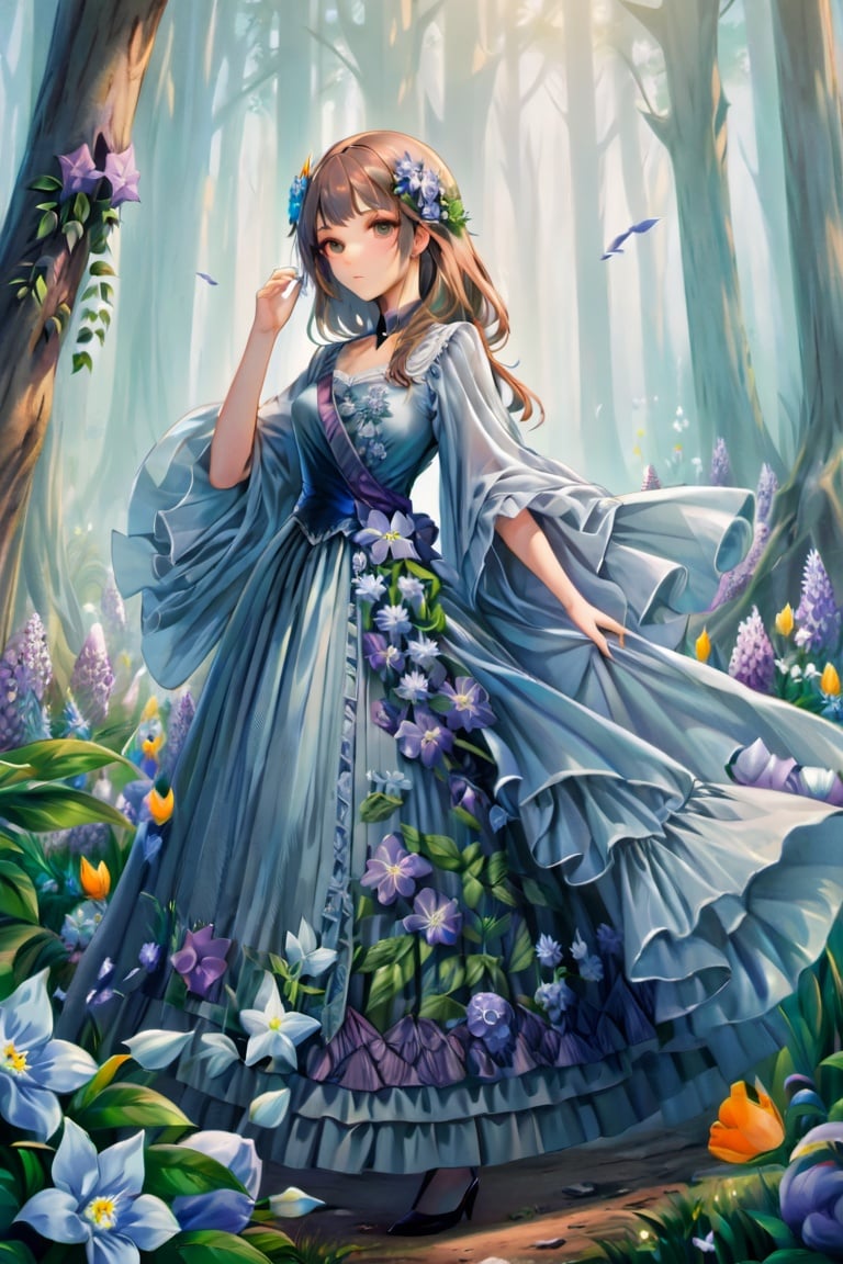 1girl, dress, beautiful face, dreamscape, forest, misty, flowers,leishen