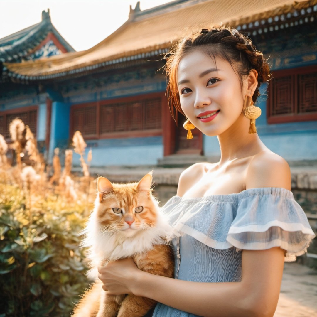 gugong,building,outdoor,sunshine,young 1girl with braided hair and fluffy cat ears, dressed in Off-Shoulder Sundress,  She has a soft, gentle smile, expressive eyes and sexy cleavage. The background a clear blue sky. The composition should be bathed in the warm, golden hour light, with a gentle depth of field and soft bokeh to accentuate the pastoral serenity. Capture the image as if it were taken on an old-school 35mm film for added charm, looking at viewer,gugong